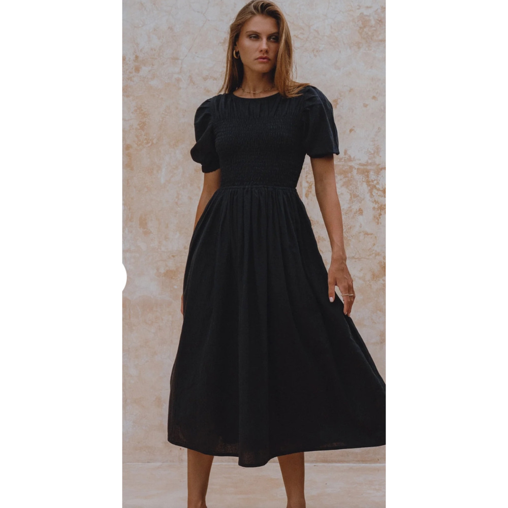 Oddi Black Smocked Bodice Cotton Midi Dress Puff Sleeves contrast bow Size XL